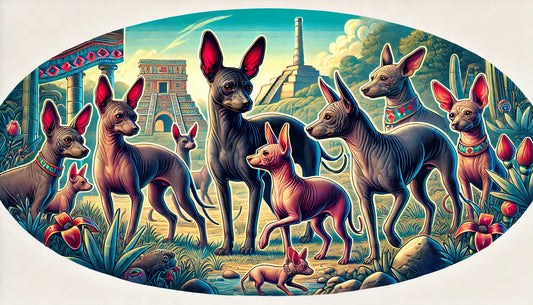 Illustration of several Xoloitzcuintli (Mexican Hairless Dogs) in their natural habitat, featuring distinctive hairless bodies, large ears, and graceful build.