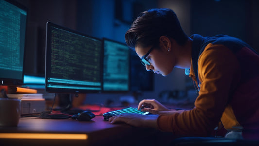 A focused programmer working intensely on code, illuminated by the glow of multiple computer screens in a dark, modern workspace. The scene captures the dedication and concentration required in software development.