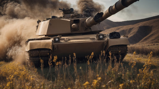 M1 Abrams tank in a desert landscape, kicking up dust as it maneuvers, showcasing its powerful main gun and robust design.