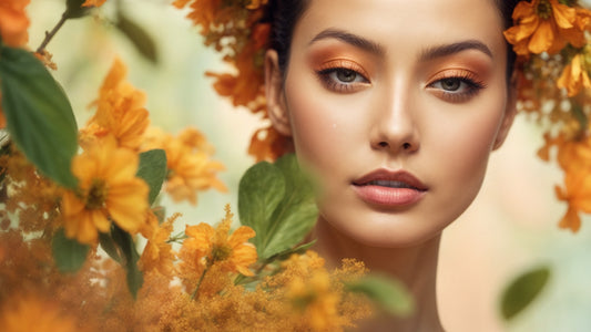 A woman with flawless skin stands surrounded by vibrant orange flowers. Her makeup complements the floral setting, featuring warm orange eyeshadow and a natural, radiant complexion.