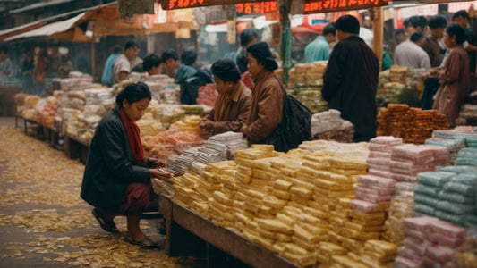 A bustling market scene featuring vendors and shoppers engaged in transactions. Stalls are lined with stacks of colorful packaged goods, with a variety of items available for purchase.