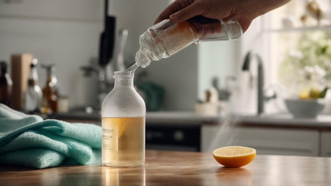 Pouring homemade natural cleaner into a glass spray bottle on a kitchen countertop, with a fresh lemon half and cleaning cloth nearby.