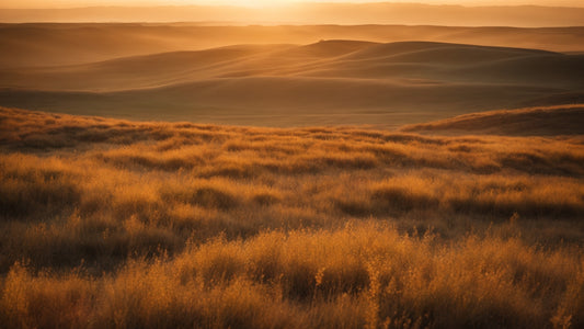 the Eurasian Steppe during a sunset, with golden grasses stretching out across the vast, undulating landscape.
