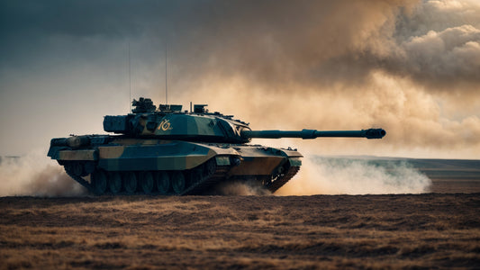 Challenger 2 tank in camouflage, driving through an open field with dust clouds forming behind it, showcasing its powerful main gun and robust design.