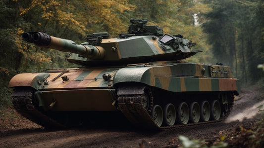 Leopard 2 tank with camouflage, maneuvering through a forested path, showcasing its powerful main gun and robust design.