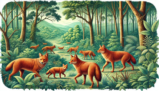 Illustration of several dholes engaging in pack activities in their natural habitat. The scene includes a dense forest with lush vegetation, tall trees, green foliage, and some open grassy areas.