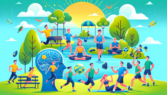 a vibrant scene of people engaging in various physical activities that promote mental health.