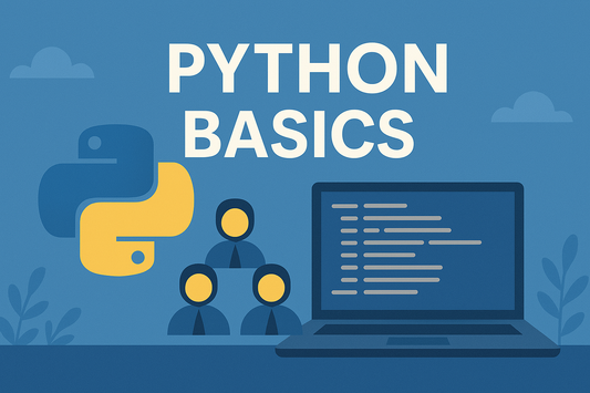 A digital illustration titled “Python Basics” set against a calming blue background with soft cloud and leaf motifs. At the top, bold white text reads “PYTHON BASICS.”