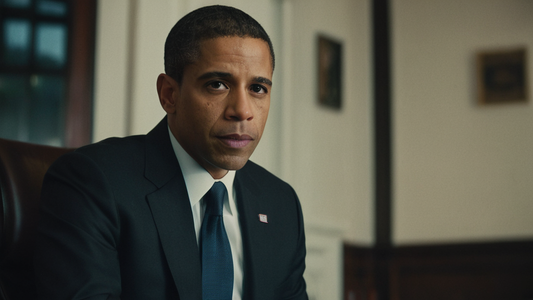 A portrait of a man resembling Barack Obama, wearing a dark suit and tie, sitting in a formal office setting.