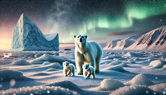 a majestic scene of polar bears in their natural Arctic habitat. The image captures a mother polar bear with her two cubs navigating the icy terrain with the northern lights casting a beautiful glow in the sky.