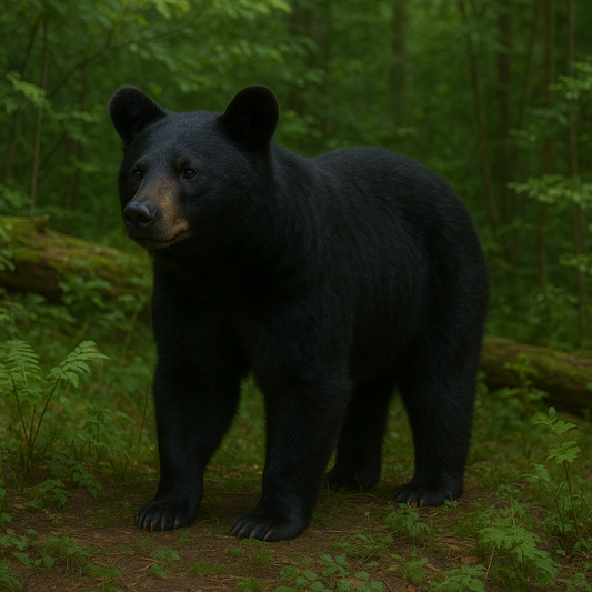 A sleek American black bear (Ursus americanus) stands at the edge of a forest clearing, its dark, glossy coat catching glimmers of sunlight as it surveys the underbrush with curious, intelligent eyes.