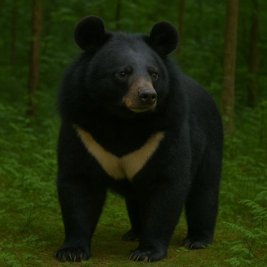 A stout Asiatic black bear, also known as a moon bear, stands in a dense green forest, its thick black fur contrasted by a pale, crescent-shaped marking on its chest.