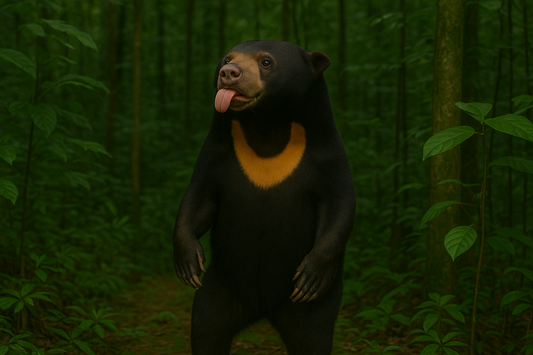 A small sun bear (Helarctos malayanus) stands upright in a dense Southeast Asian rainforest, its short black fur contrasting with the vivid orange-yellow crescent patch on its chest.