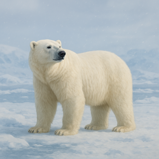 A majestic adult polar bear with thick white fur stands on a snow-covered ice floe, gazing into the distance against a backdrop of blue sky and distant icebergs.