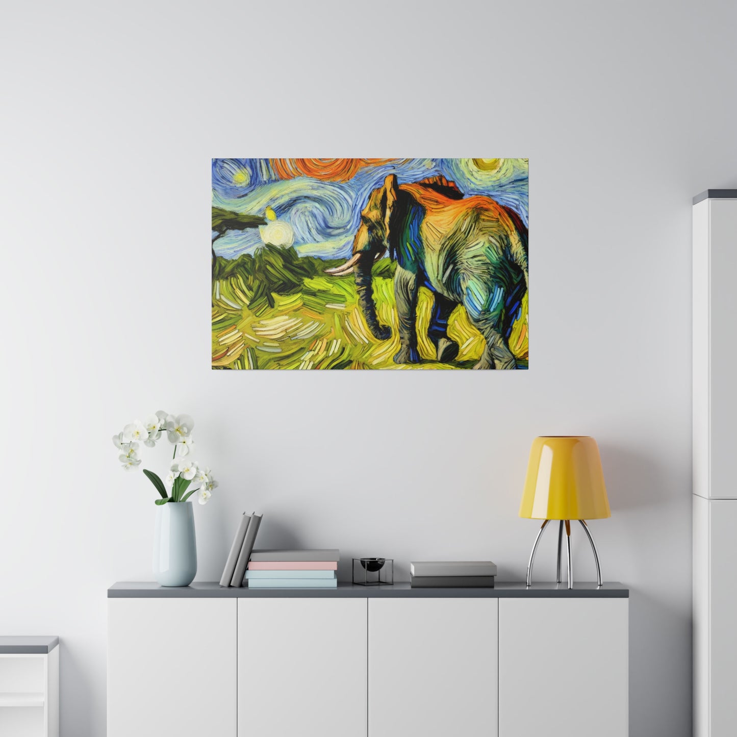 Elephant Dreamscape - Savanna Landscape Canvas Art in Van Gogh Style
