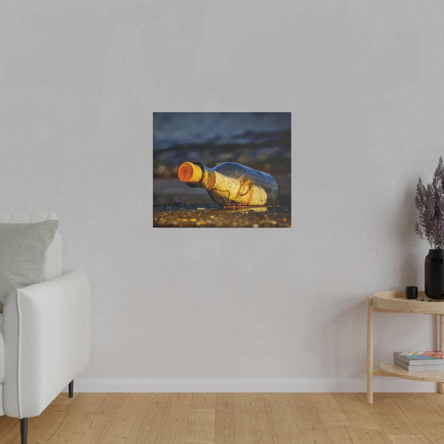 a room with a white couch and a painting on the wall