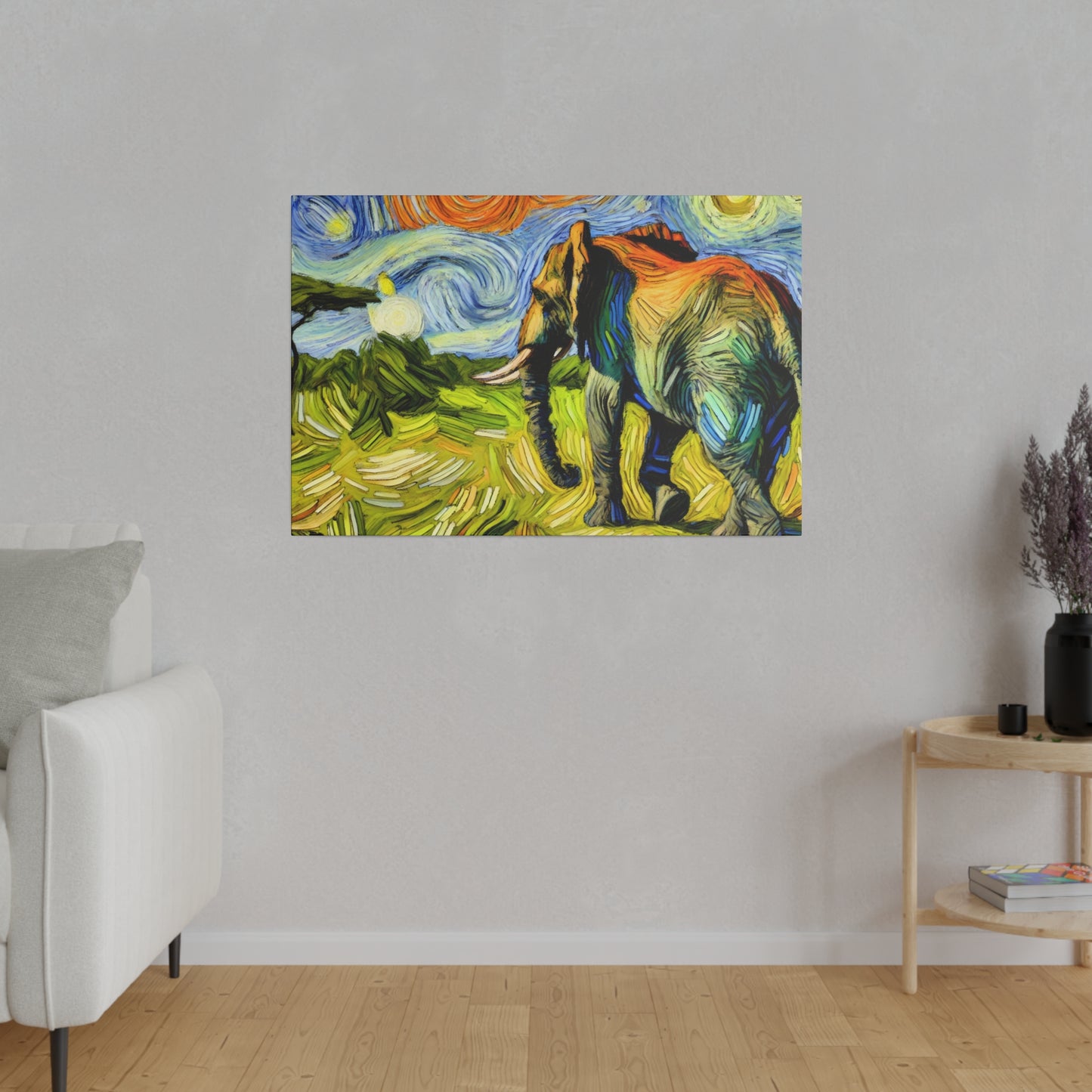 Elephant Dreamscape - Savanna Landscape Canvas Art in Van Gogh Style