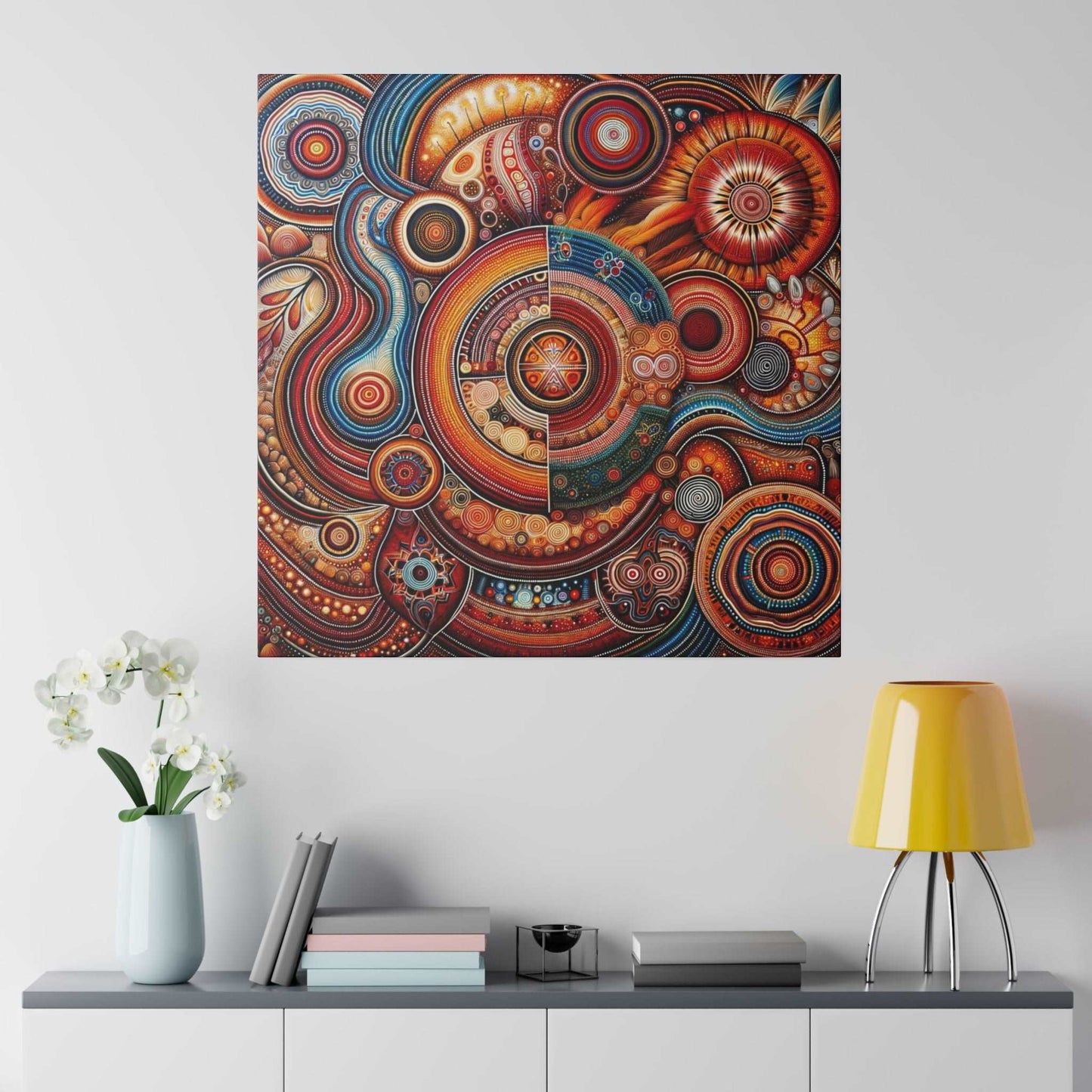 Abstract Aboriginal art-inspired canvas print featuring concentric circular patterns in orange, red, and blue.