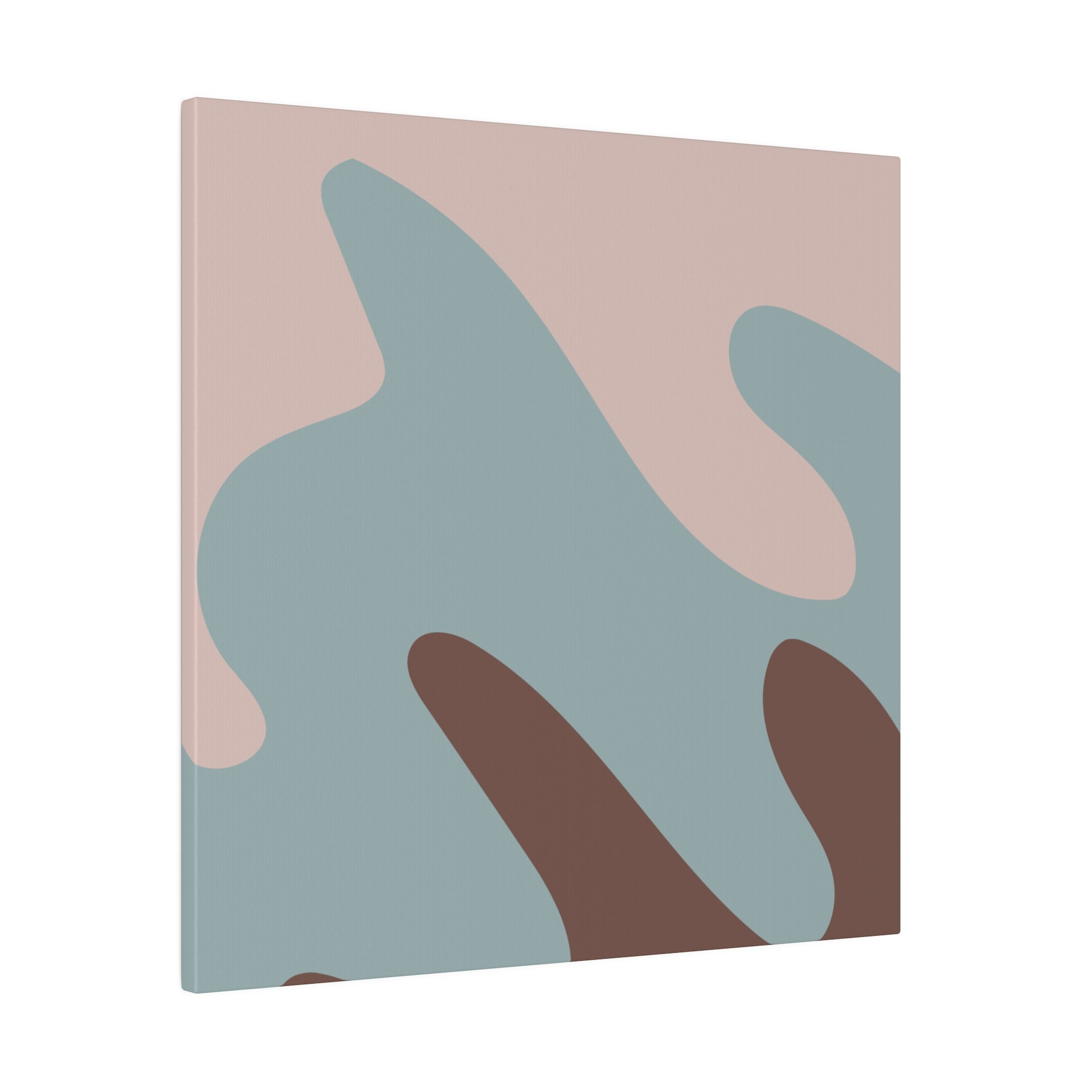 Abstract canvas art with a blend of pink, blue, and brown shapes.
