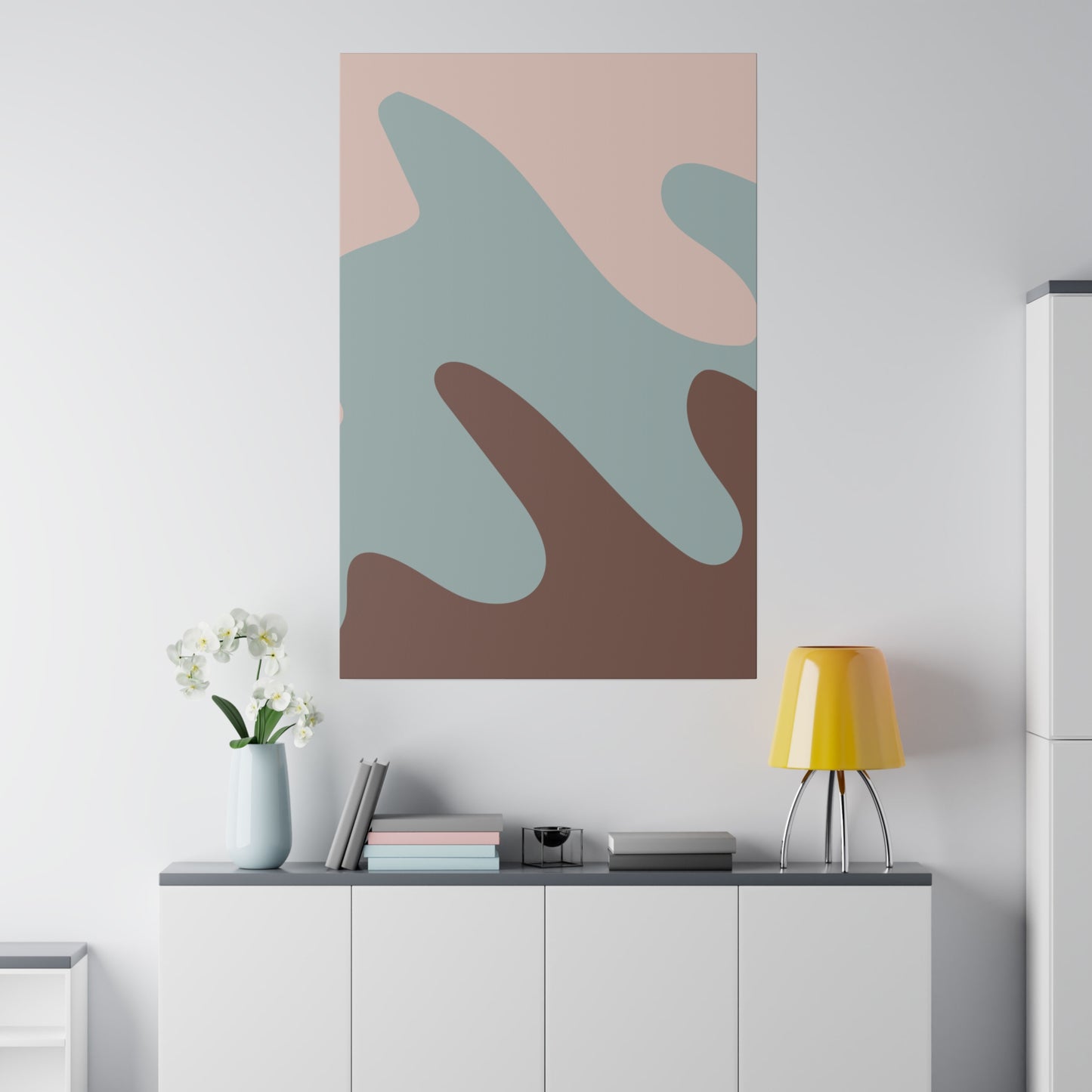 Abstract canvas wall decor highlighting a stylish composition of soft colors and smooth, flowing shapes.