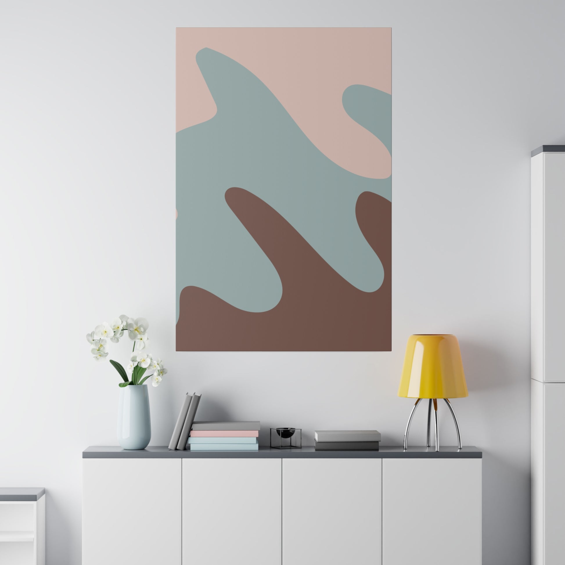 Abstract canvas wall decor highlighting a stylish composition of soft colors and smooth, flowing shapes.