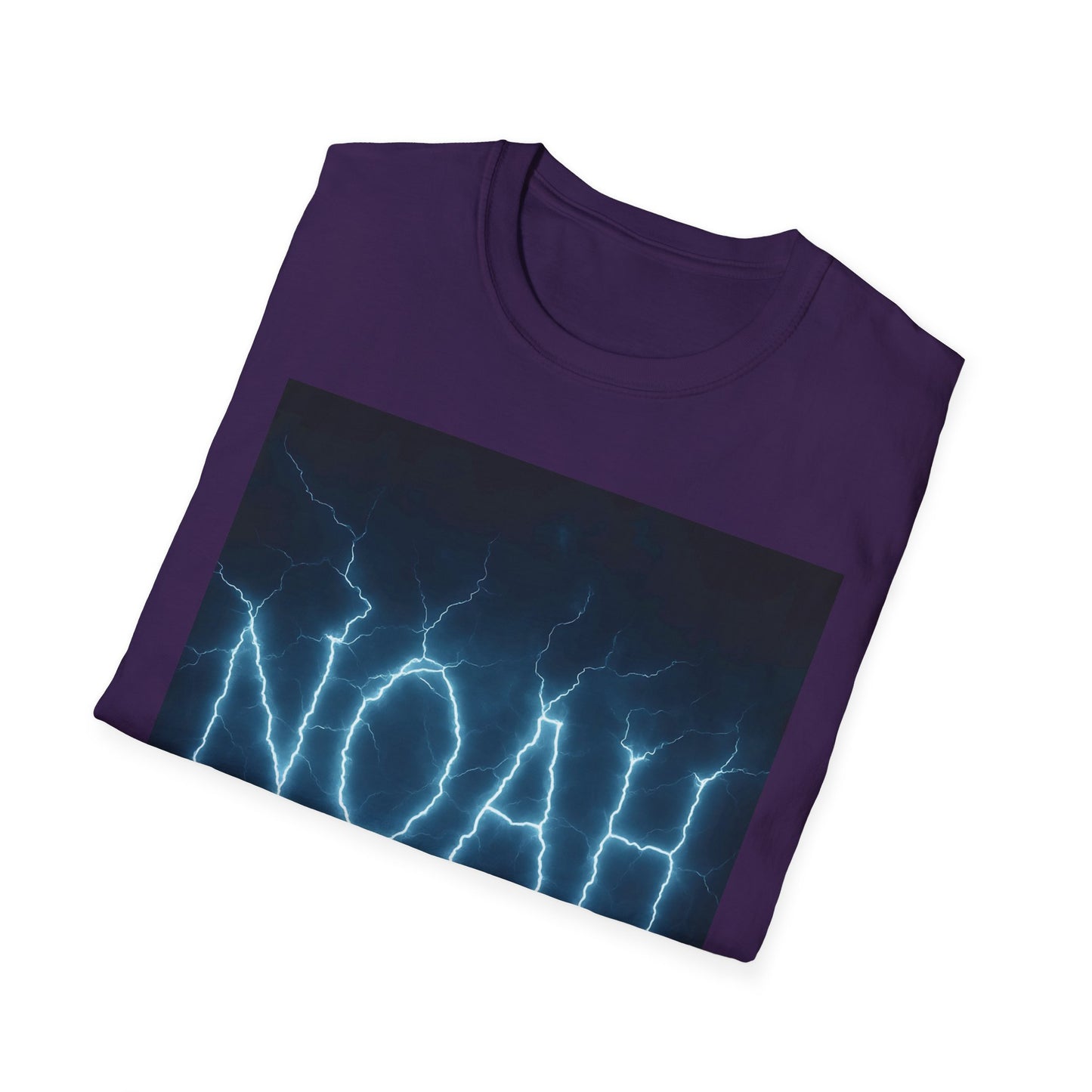Purple short-sleeve T-shirt featuring a blue lightning storm graphic within a dark rectangular panel.