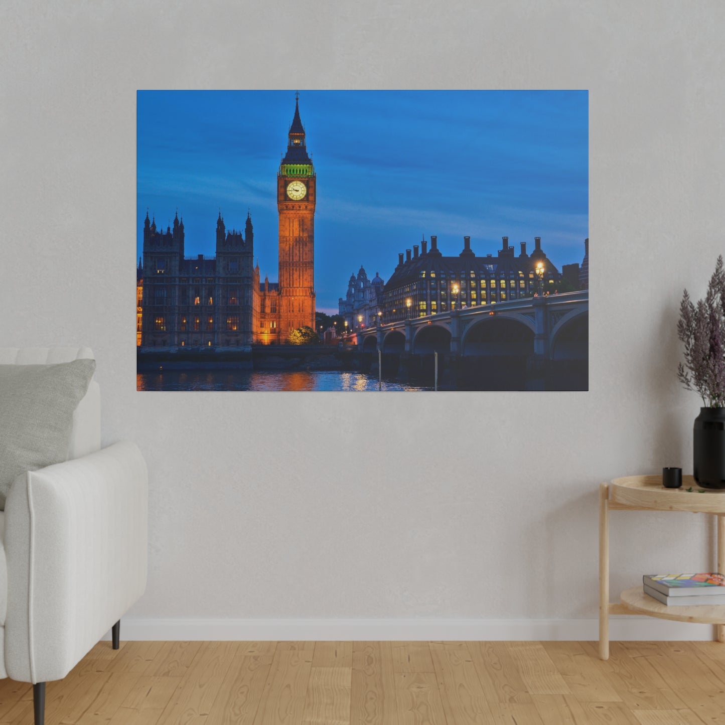 The evening sky over London with Big Ben illuminated in the foreground, showcasing the city’s historic charm and architectural beauty.
