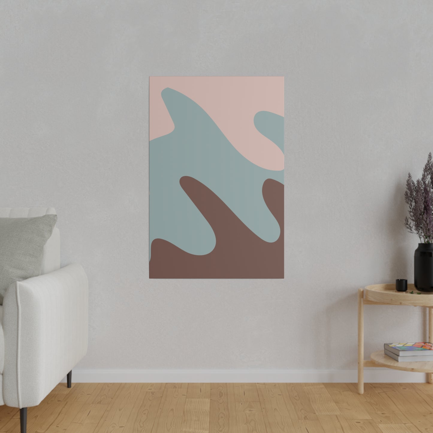Modern abstract canvas with a stylish design, incorporating pink, blue, and brown tones in an elegant arrangement.