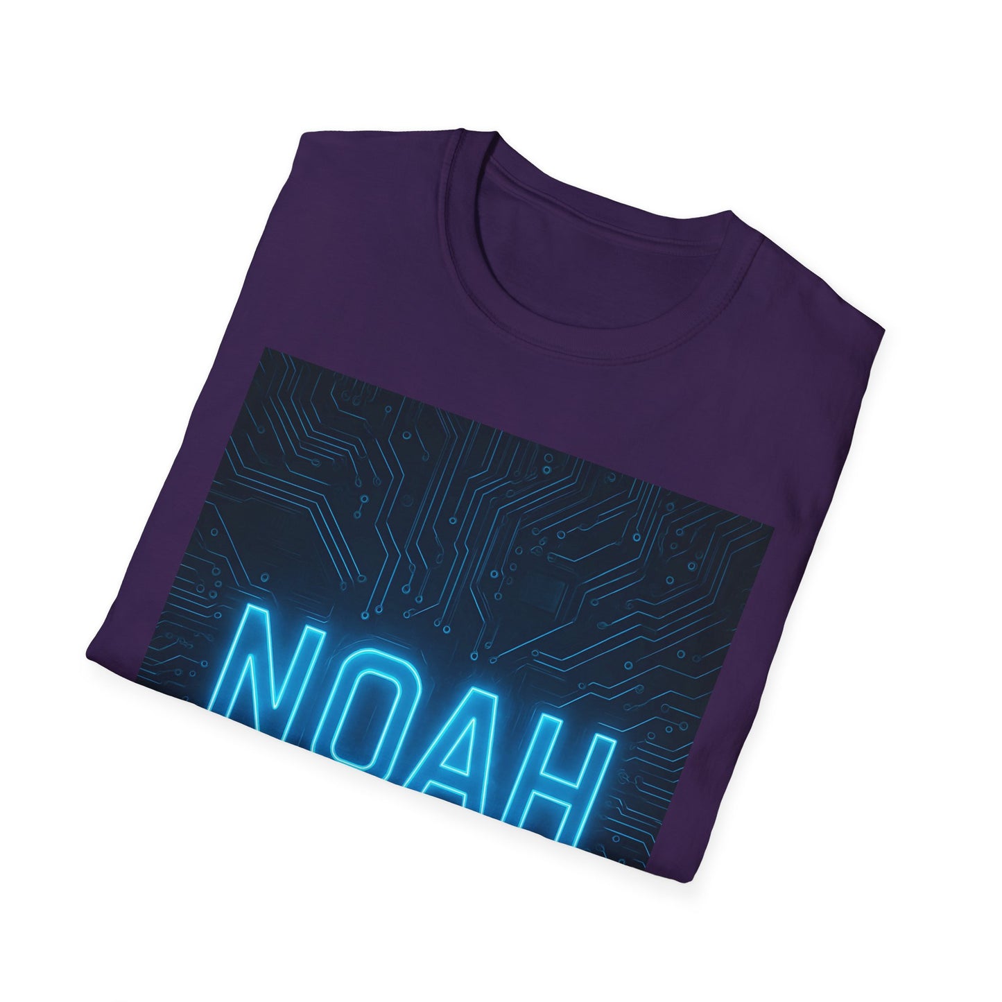 Purple short-sleeve t-shirt with a blue neon circuit-board panel and the glowing word NOAH.