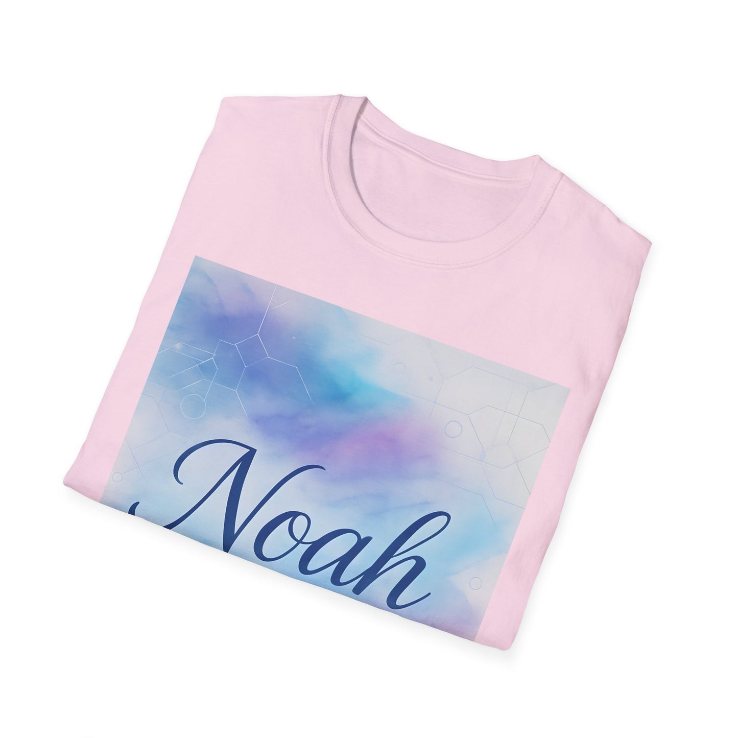 Light pink T-shirt with a rectangular pastel gradient graphic (blue to pink) and dark blue cursive “Noah” across the bottom.