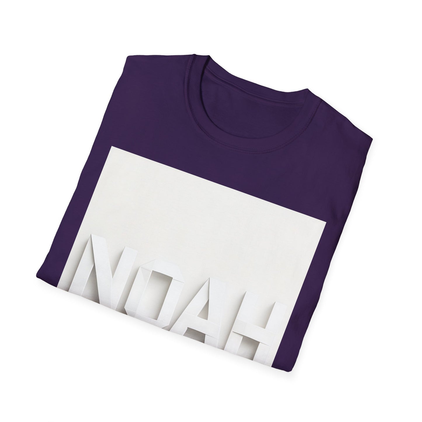 Folded purple T-shirt with a large white rectangular graphic and oversized white 3D letters spelling NATH.