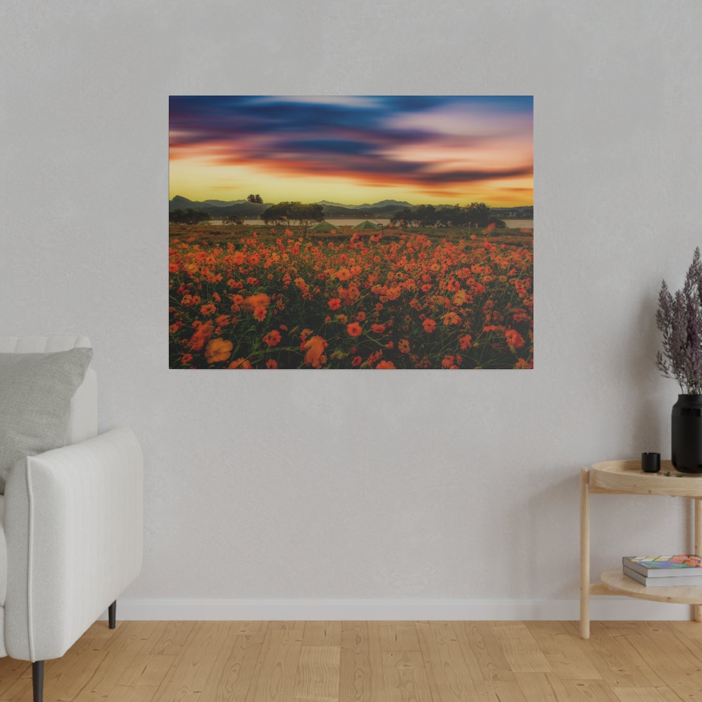 Twilight descends over a field of flowers, the fading light creating a peaceful and serene atmosphere in this natural landscape.