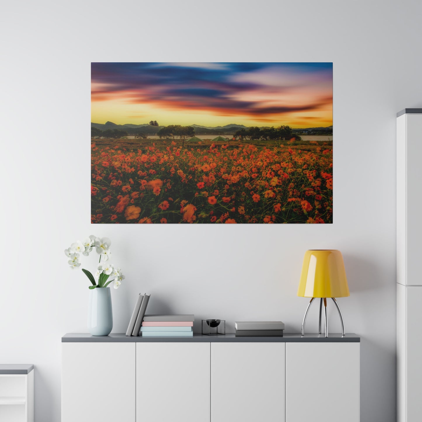 A tranquil twilight scene featuring a meadow of flowers, with the sky transitioning from day to night and the flowers illuminated by the fading light.