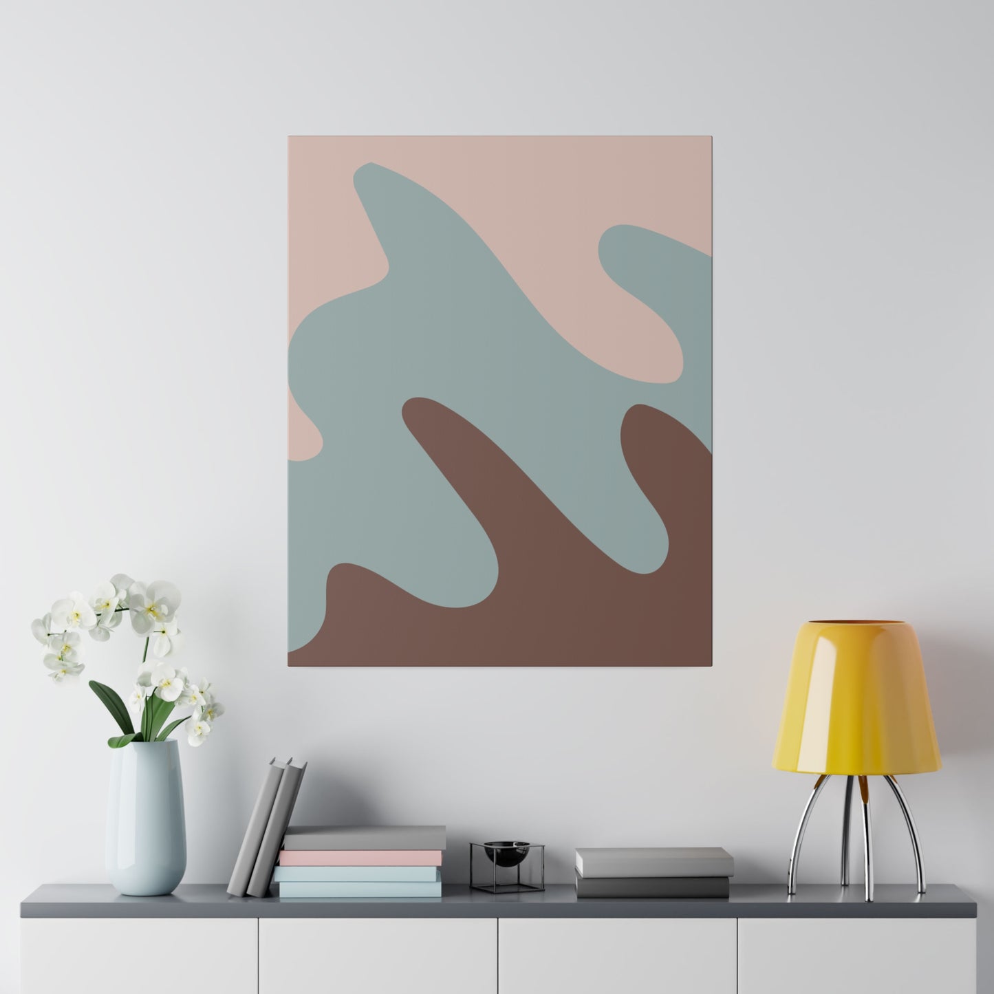 Unique wall art pieces showcasing modern abstract designs and muted colors.