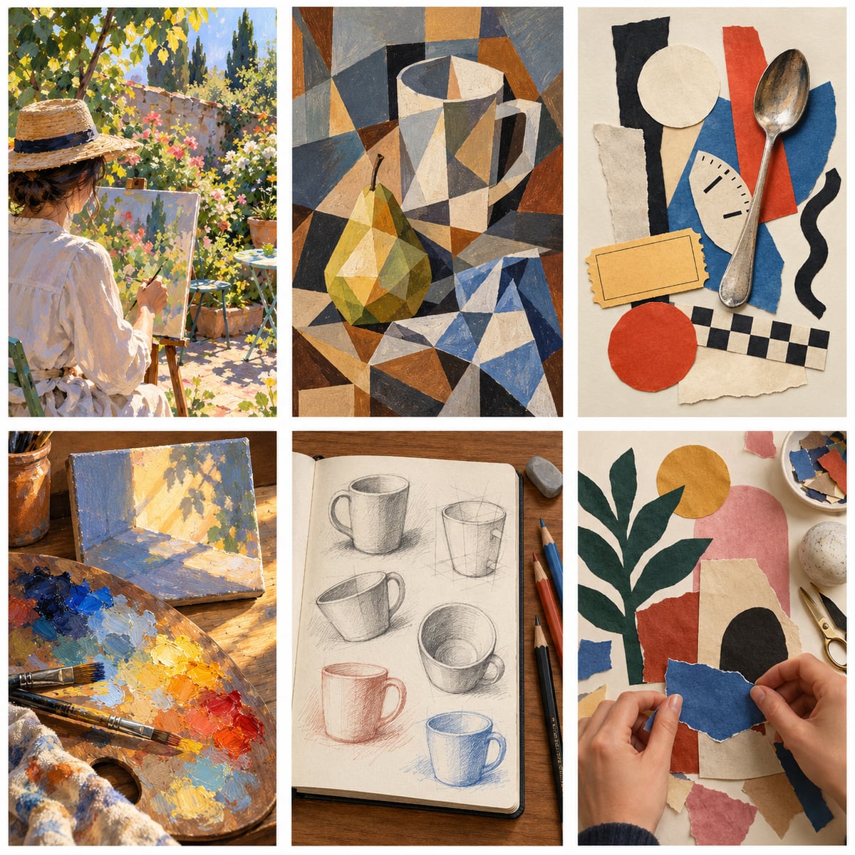 Original art-study board showing a sunlit garden, geometric still life, paper collage and sketchbook exercise.