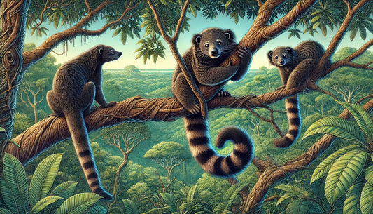 Illustration of several binturongs climbing and resting in the trees of a dense tropical rainforest. The scene includes lush green foliage, branches, and a clear sky. 