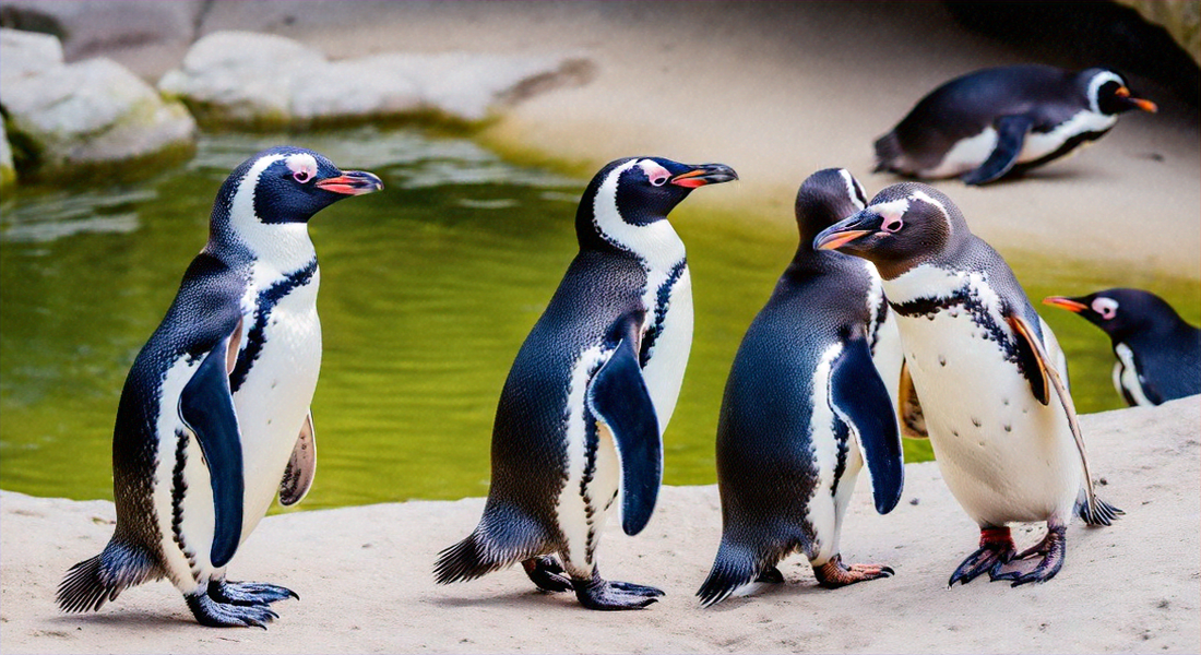 A group of penguins standing near a pool of water. The penguins have black and white plumage with distinctive markings. 