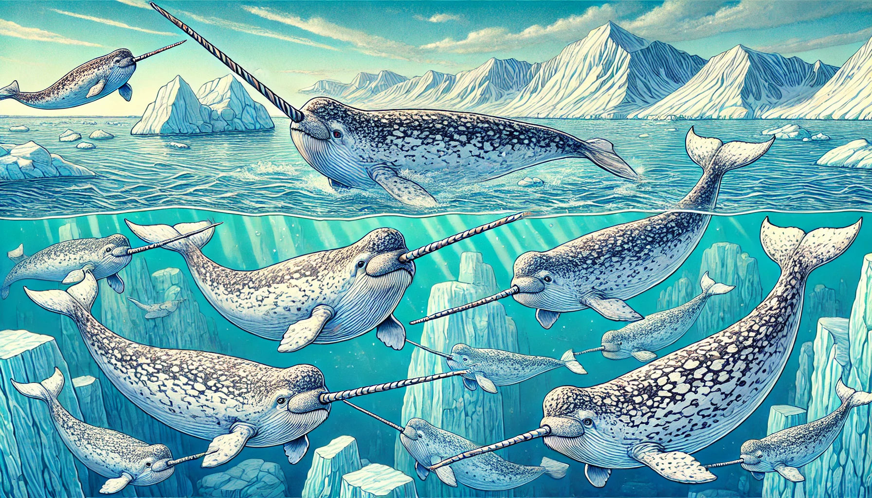 Illustration of several narwhals swimming in their natural Arctic habitat. The scene includes both male narwhals with long, spiral tusks and females, swimming in icy blue waters with floating icebergs and a clear sky. 