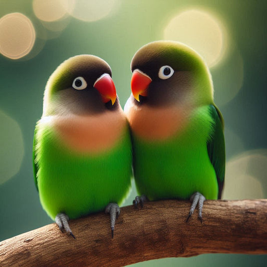 Two Black-cheeked Lovebirds perched on a branch in a lush woodland. 