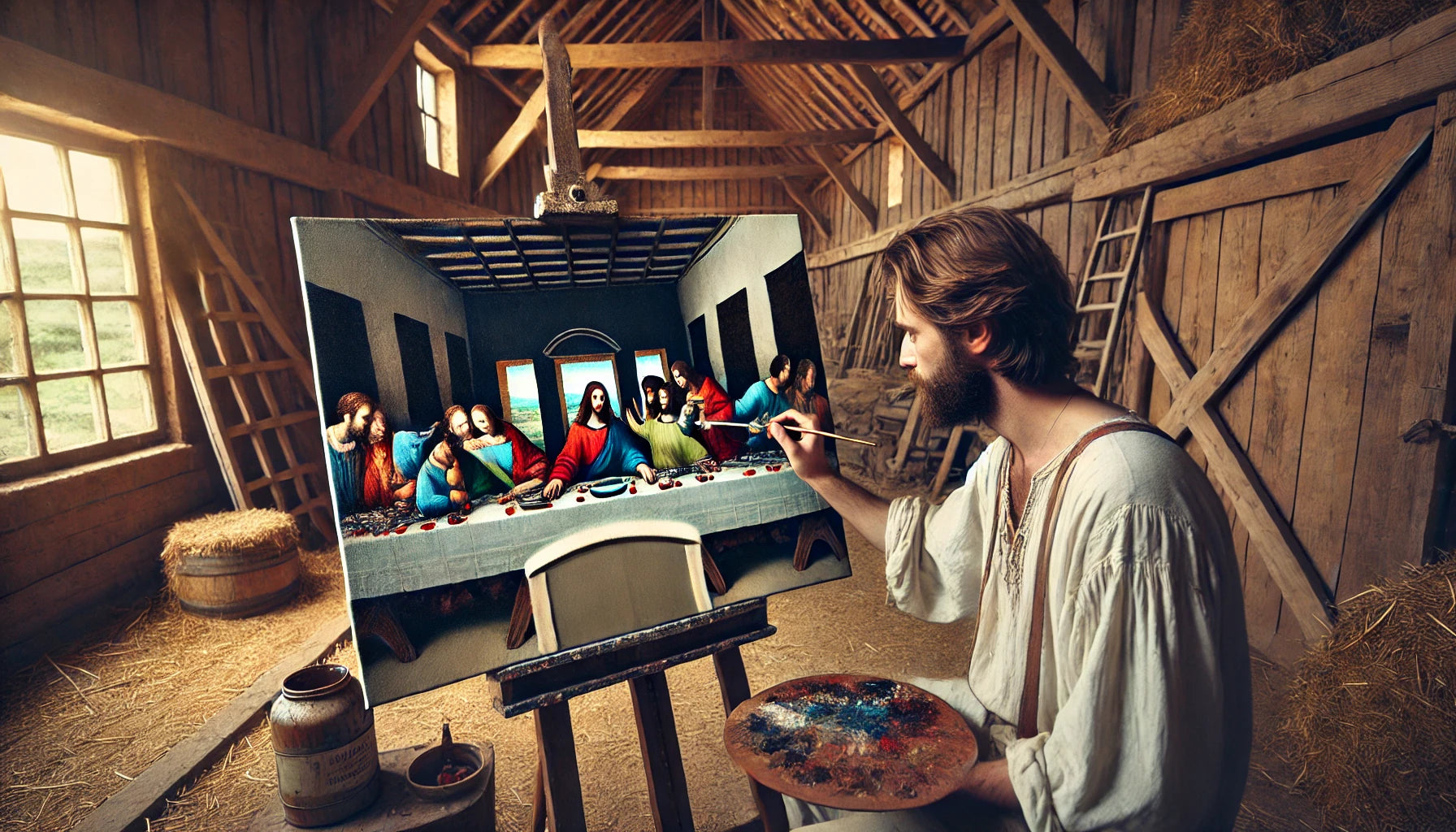 An artist painting ‘The Last Supper’ by Leonardo da Vinci on a canvas inside a rustic barn. The artist is focused, with a palette in one hand and a brush in the other, capturing the detailed composition of the original masterpiece.