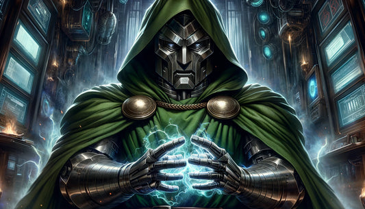 A dramatic and powerful illustration of Doctor Doom, the iconic Marvel villain. Doctor Doom stands in his signature green cloak and metallic mask, with a menacing and authoritative presence. 
