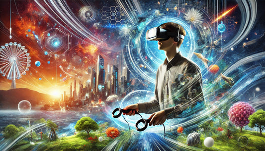 A dynamic and immersive virtual reality scene. The image shows a person wearing a VR headset and motion controllers, fully engaged in a virtual environment. 