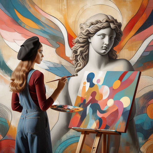 An artist in a beret and overalls painting a vibrant, abstract version of "The Birth of Venus" by Sandro Botticelli on a canvas.