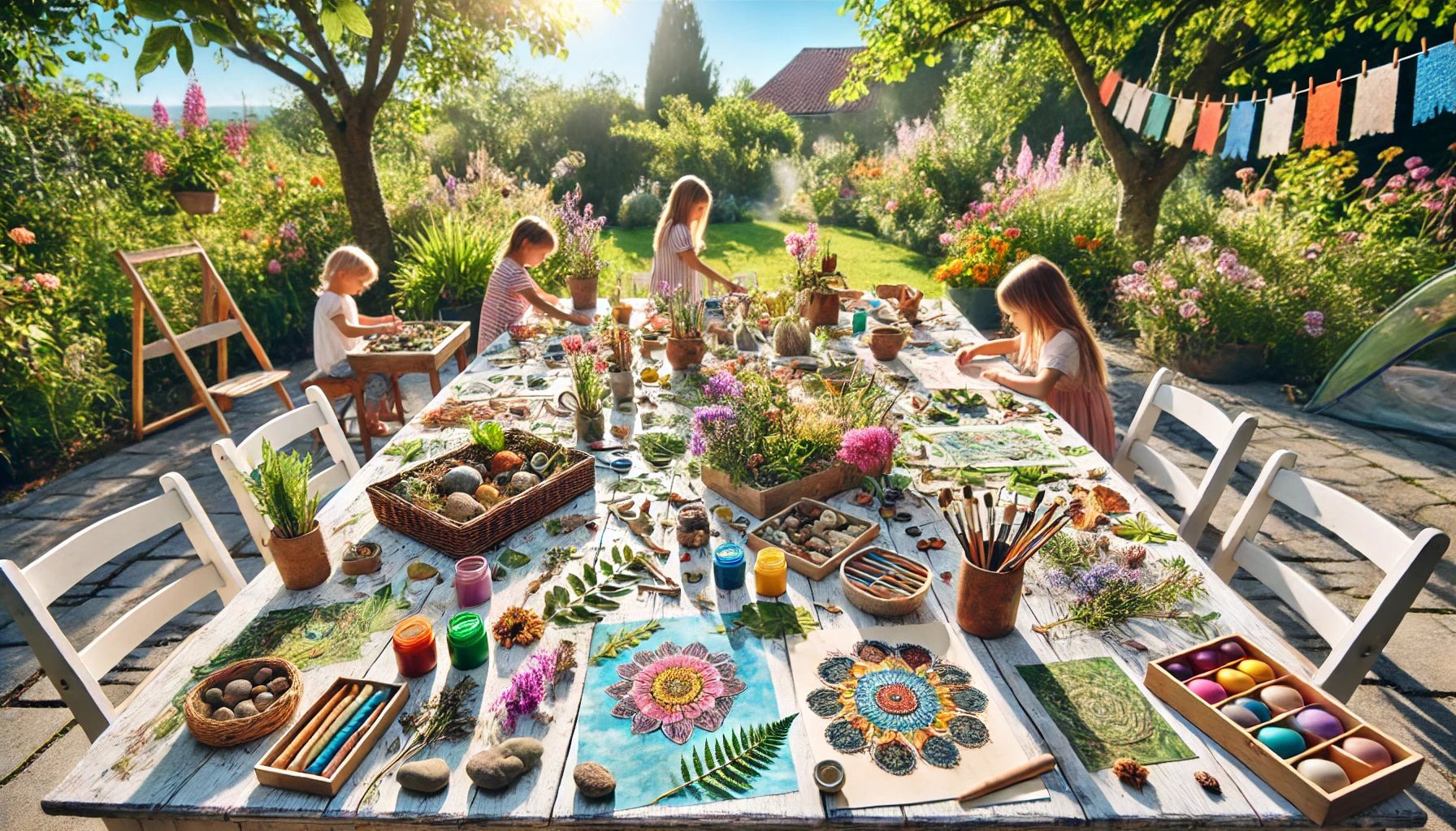 A vibrant scene of various nature art projects being created on a sunny outdoor table. Children and adults are engaged in activities like leaf rubbing, rock painting, making nature collages, and creating nature mandalas.