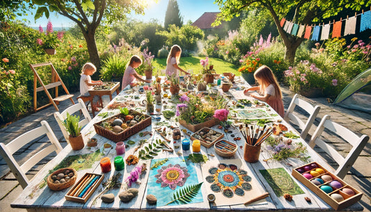 A vibrant scene of various nature art projects being created on a sunny outdoor table. Children and adults are engaged in activities like leaf rubbing, rock painting, making nature collages, and creating nature mandalas.
