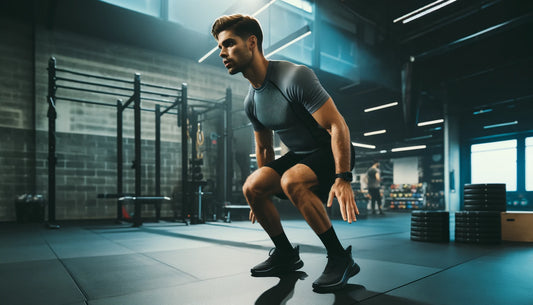 A person performing a high-intensity interval training (HIIT) workout in a gym setting. They are wearing athletic clothing and engaged in a high-intensity exercise like burpees.