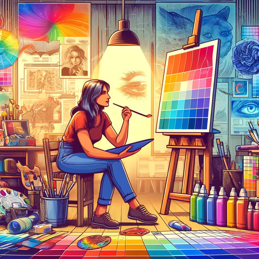 Artist in a studio surrounded by various color swatches and palettes, thoughtfully selecting colors for a canvas, highlighting the application of color theory in art.