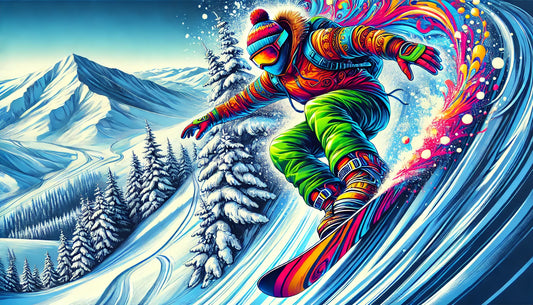 A vibrant and dynamic illustration of a snowboarder descending a snowy slope, showcasing the thrill and challenge of snowboarding. 