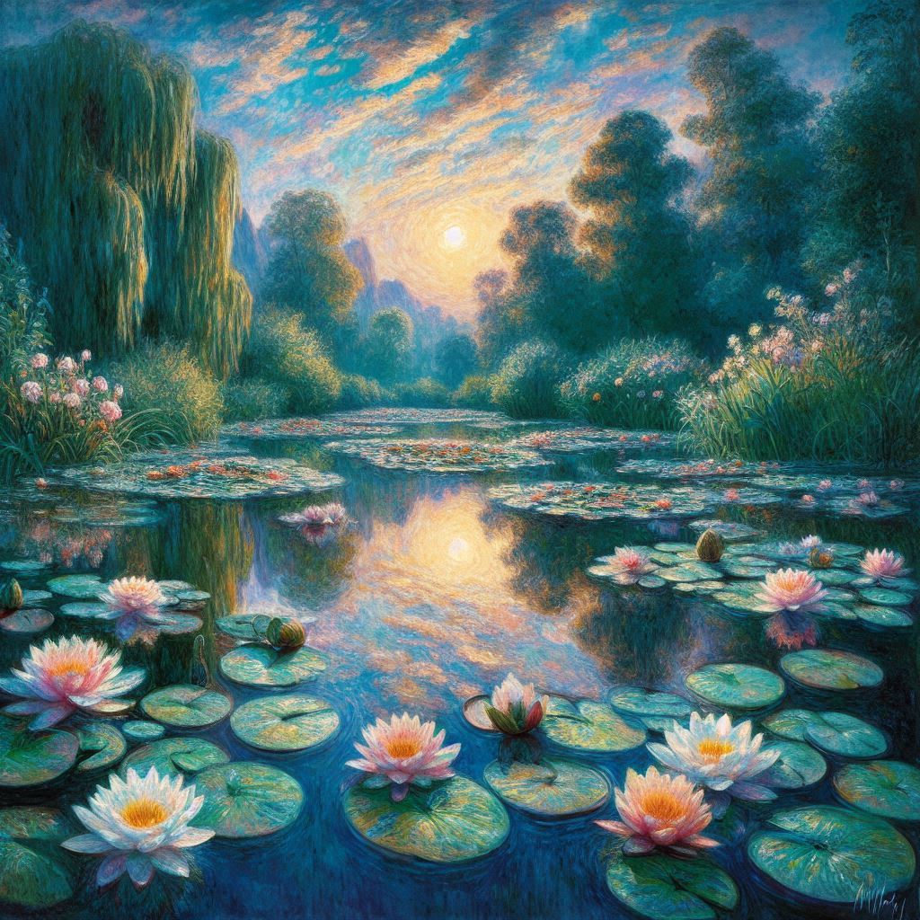 A serene and vibrant painting inspired by Claude Monet’s “Water Lilies,” capturing the tranquil beauty of a pond filled with water lilies. 
