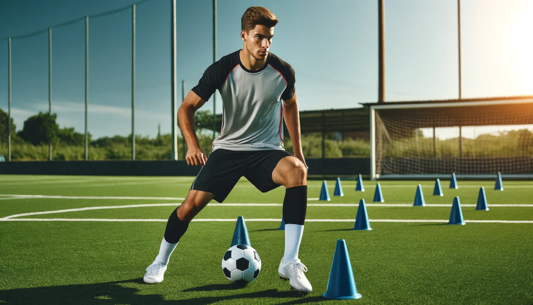 A football player training on a soccer field. The player is performing dribbling drills around cones with a focused and determined expression. 